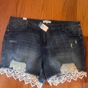 Almost Famous Dark Blue Jean Shorts with White Lace Trim New with Tags